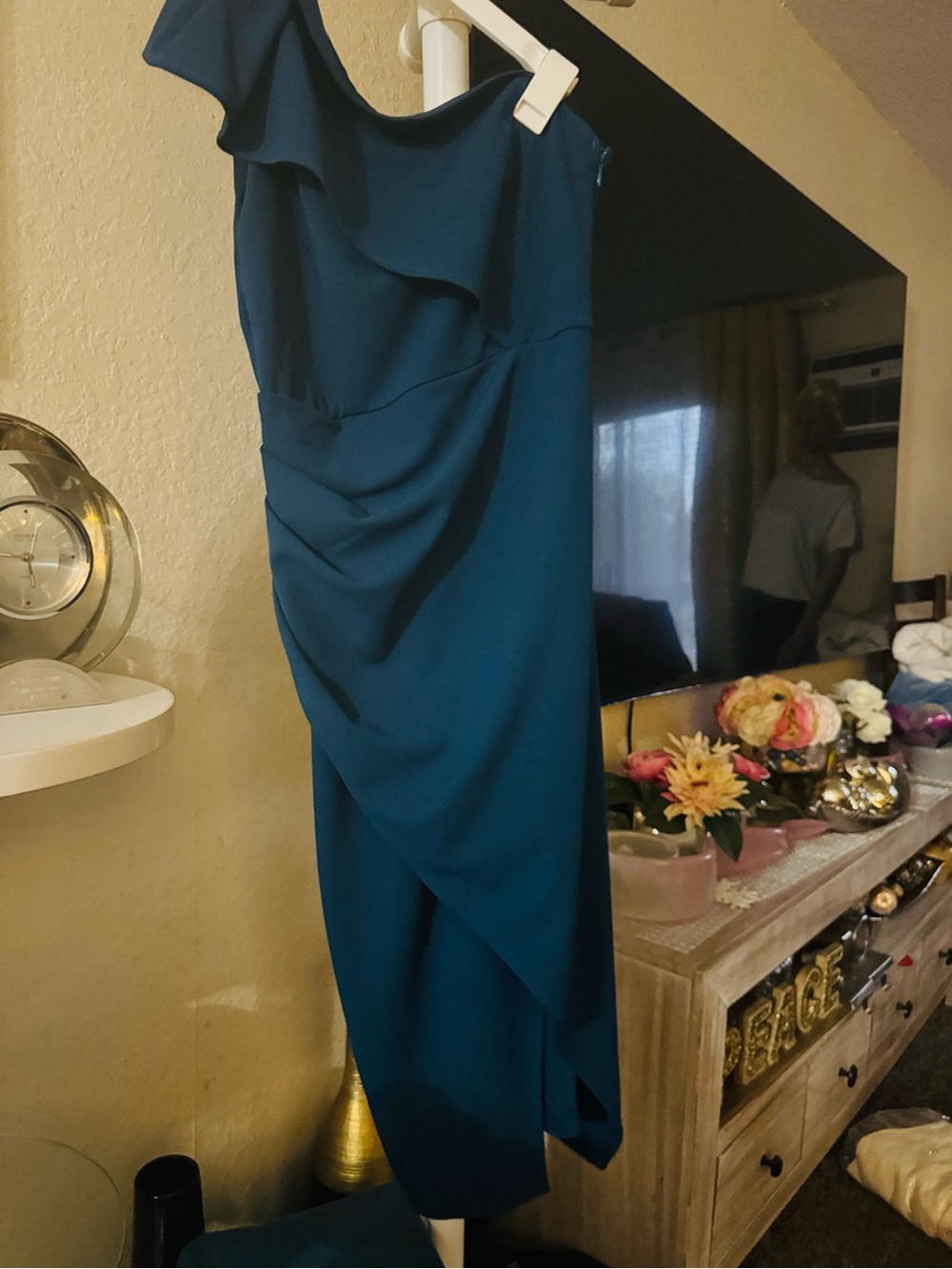 One-Shoulder Teal Ruffle Draped Cocktail Dress